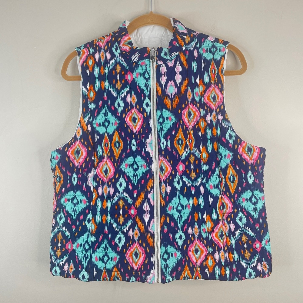 Reversible Quilted Vest Womens Large White Multicolor Aztec Full Zip Pockets